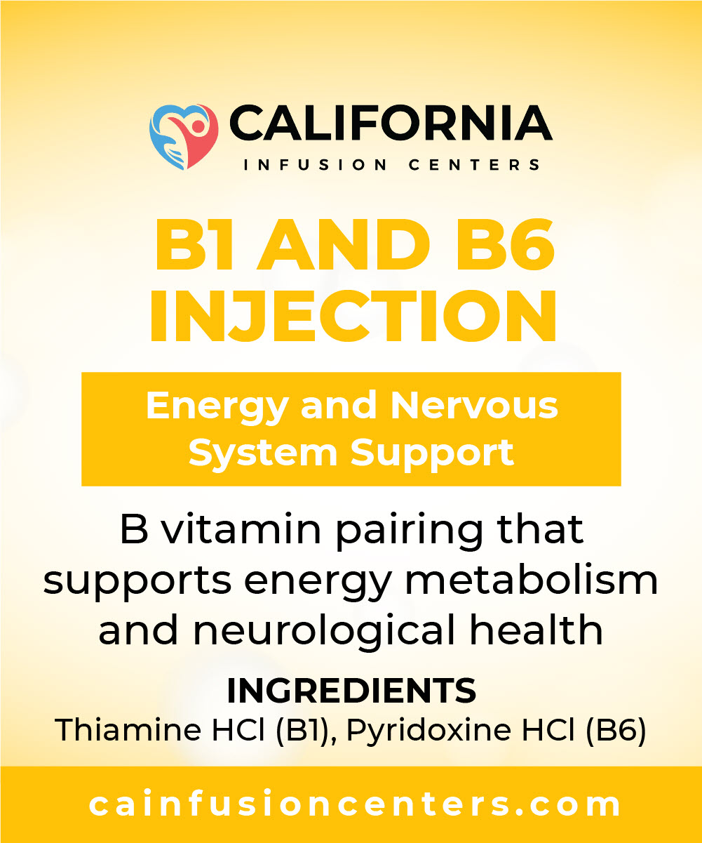 Graphic style Vitamin B1 and B6 injection label highlighting energy metabolism, nervous system support and cognitive wellness benefits.
