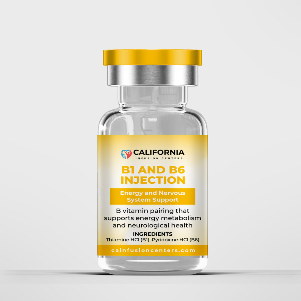 Clear Vitamin B1 and B6 injection vial with branded label highlighting energy metabolism and nervous system support in a clinical wellness setting.
