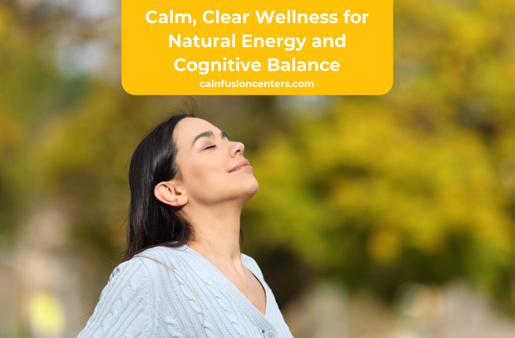 Woman standing outdoors with eyes closed and a relaxed expression, symbolizing natural energy, cognitive clarity and nervous system balance supported by B1 and B6 injections.