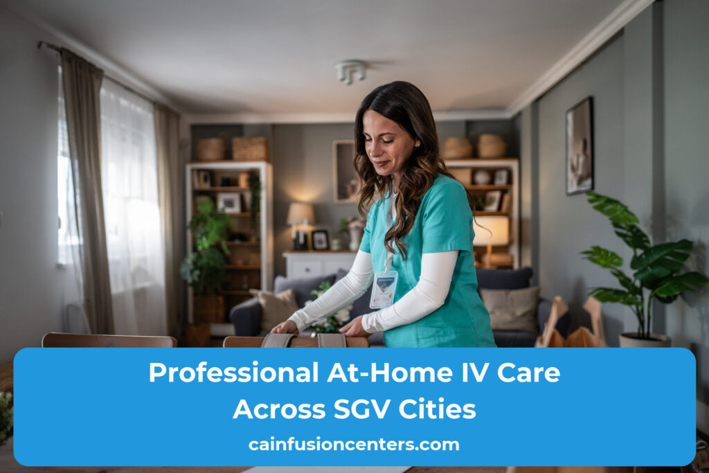 A nurse arrives at a residence with a medical bag and IV supplies for a scheduled at-home infusion.
