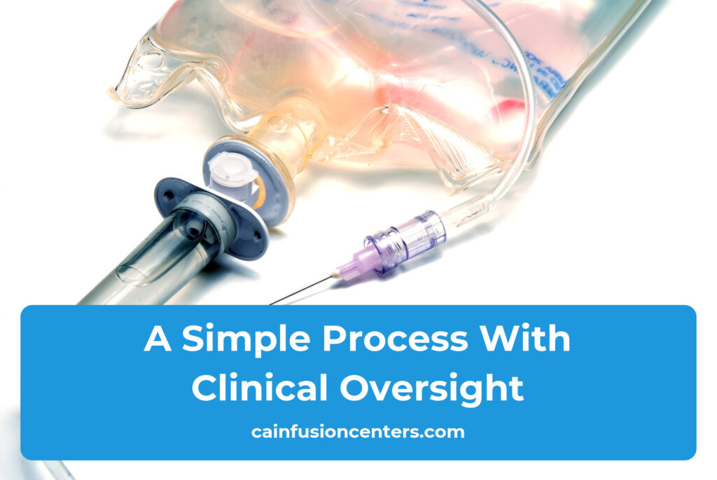 Sterile IV supplies and a drip bag are arranged on a clean tray while a nurse prepares for an at-home infusion.