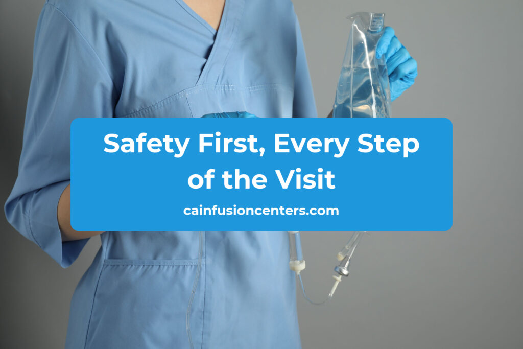 A nurse wearing gloves prepares IV tubing and disinfects a site using sterile technique during a supervised mobile visit.