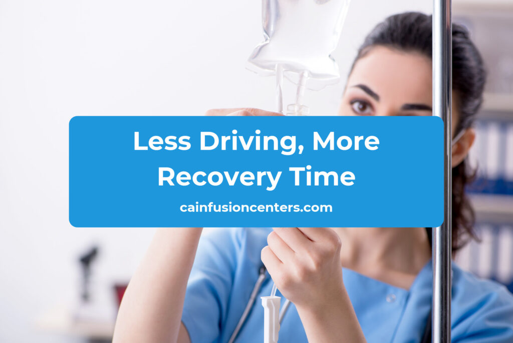 A patient relaxes on a couch during a mobile IV infusion while a nurse monitors the drip and comfort level.