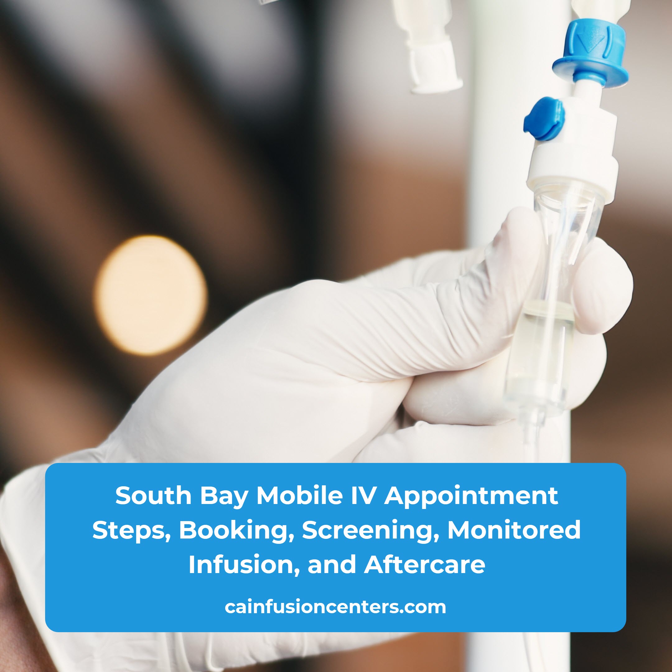 A South Bay mobile IV appointment includes booking, arrival with sterile supplies, a brief screening, monitored infusion, and post visit guidance before departure.