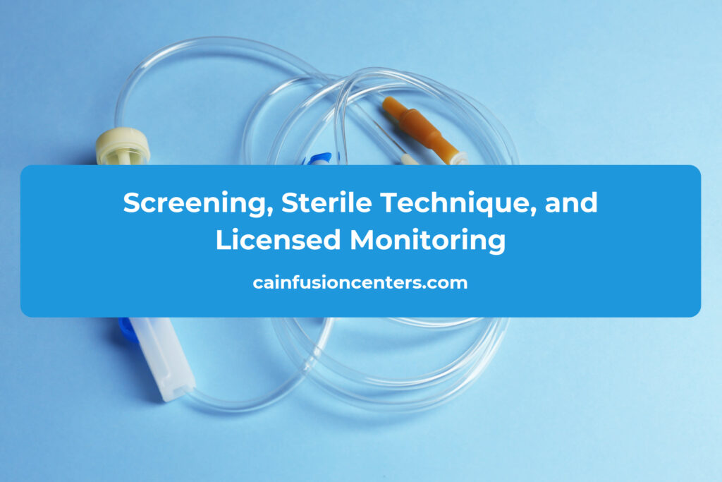 Sterile IV supplies arranged on a clean tray ready for a mobile infusion visit.