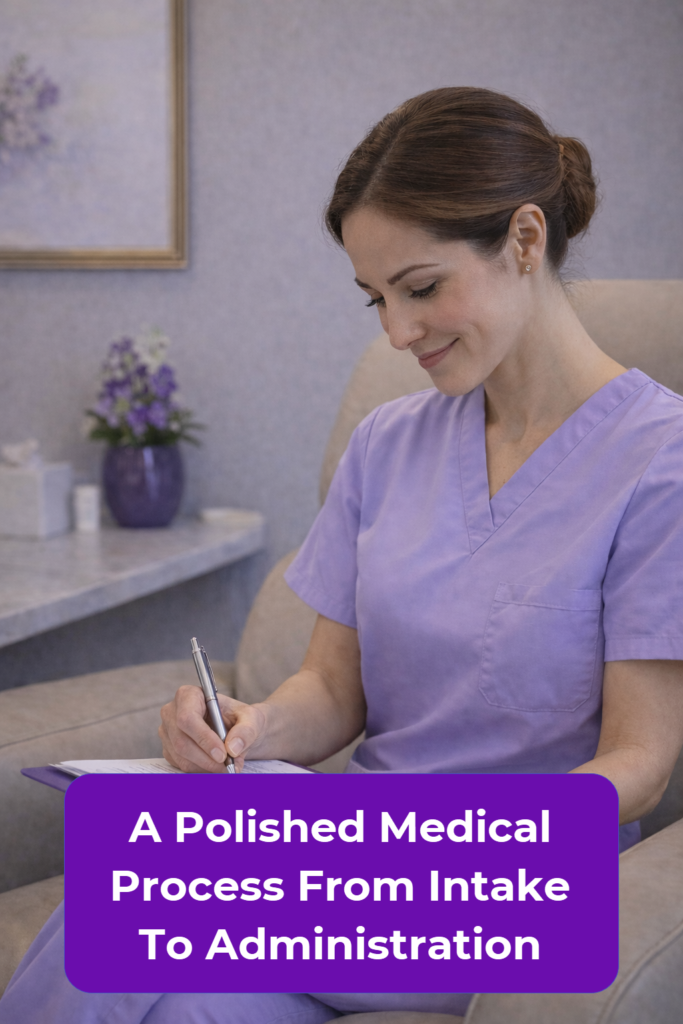 A clinician reviewing health information before administering a NAD+ injection during a Beverly Hills appointment.