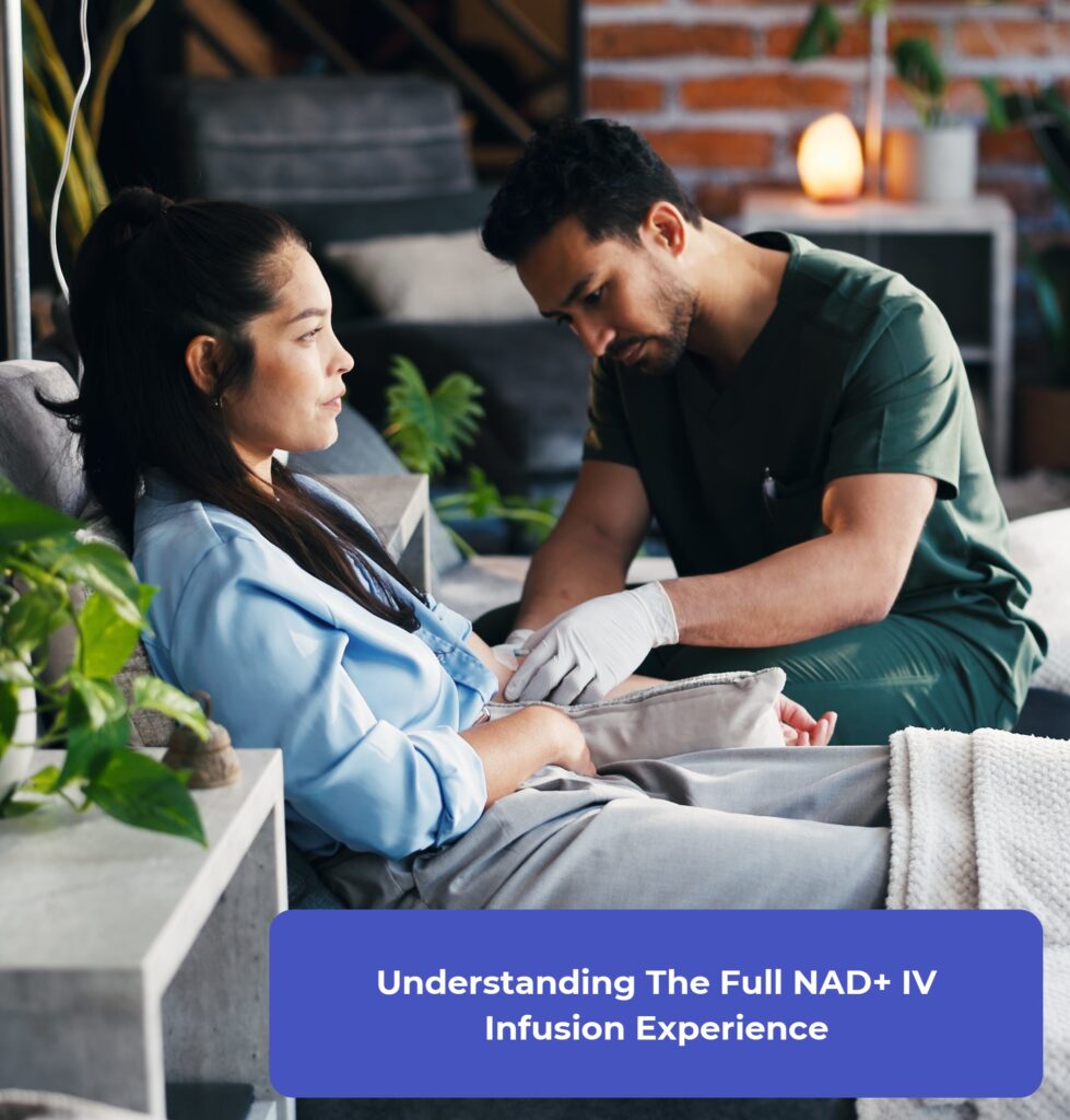 A clinician explains the NAD infusion process to an adult Los Angeles patient while starting a monitored IV therapy session.